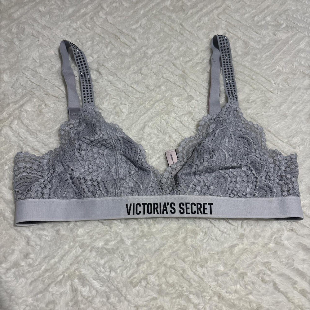 Victoria's Secret Lace Bralette Womens Medium Grey Rhinestone Logo Band